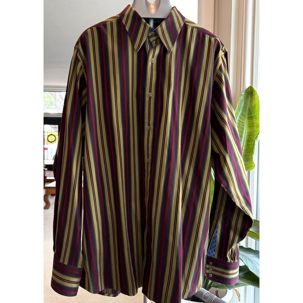 Robert Graham Mens Sz 2XLT Striped Button Down Olive/Burgundy/Muted Gold Trim